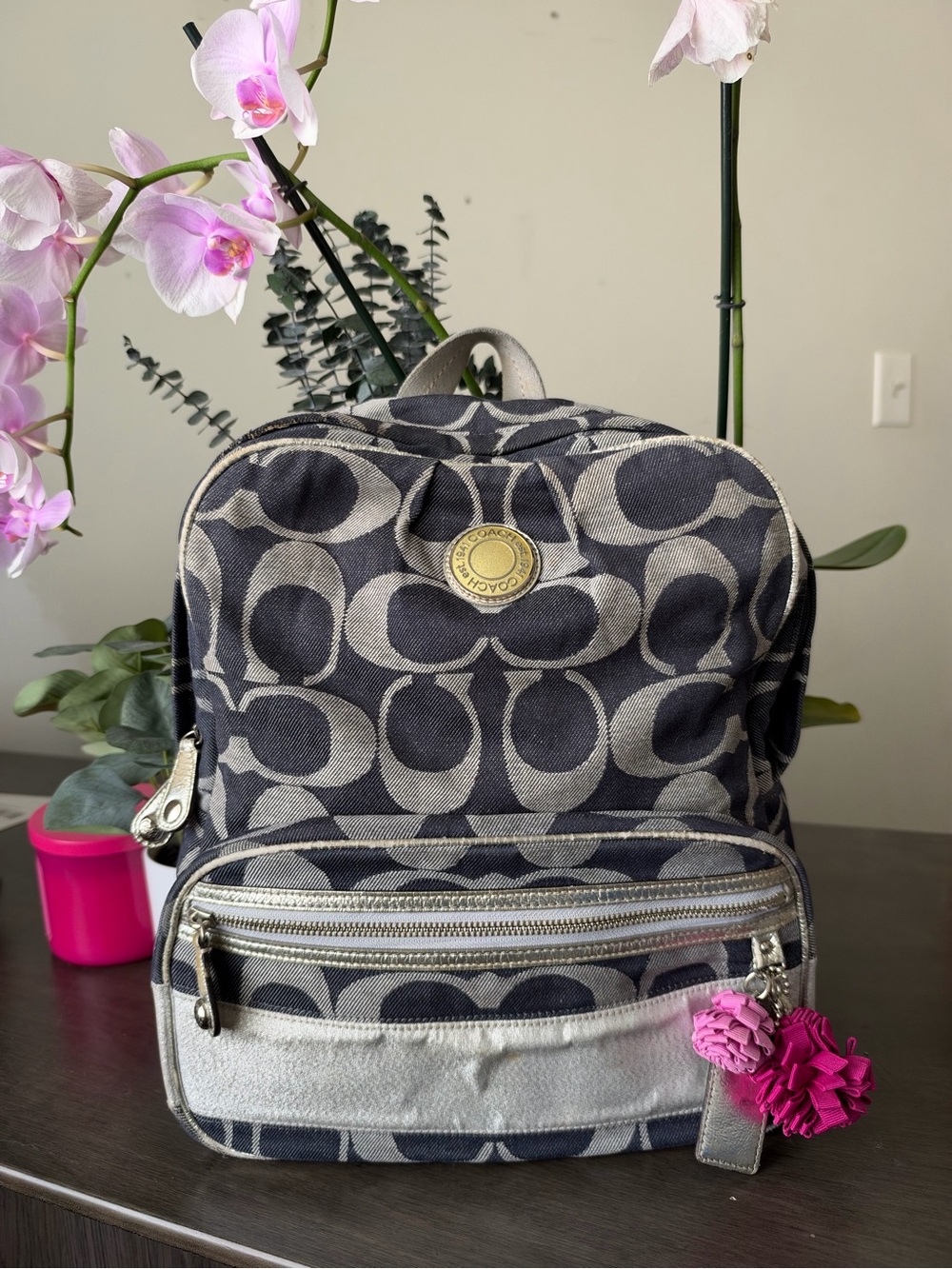Coach Signature Canvas Mini Backpack in Navy and Gray with Pink Charm